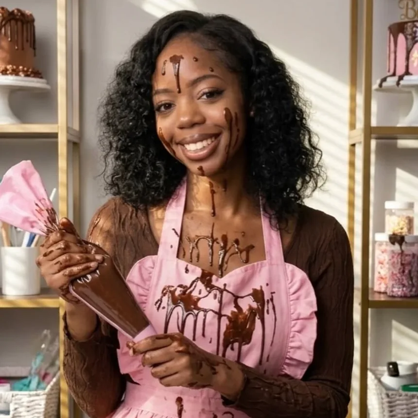 Miss Muffin smiling in a chocolate-splattered pink apron, holding a piping bag in her bakery