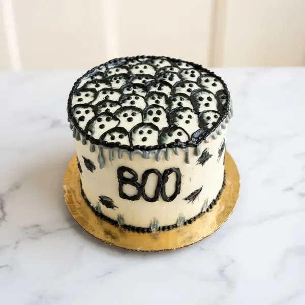 Halloween BOO cake covered in piped ghosts