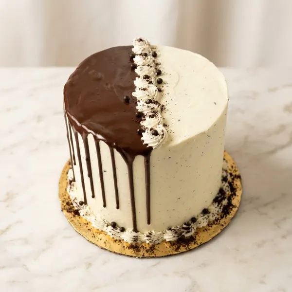 Half chocolate-glazed vanilla cake with chocolate drips and pearls