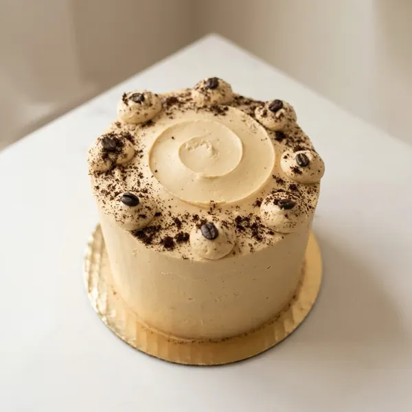 Coffee buttercream cake topped with coffee beans and espresso dust
